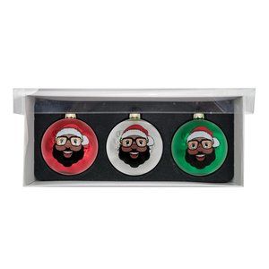 Black Santa 3-Glass Ball Ornaments - Shiny Finish, Green, Red & Silver.